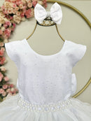 Vestido Infantil Branco Saia C/ Babados e Glitter Daminha