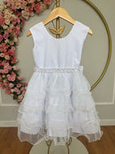 Vestido Infantil Branco Saia C/ Babados e Glitter Daminha