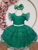 Vestido Infantil Verde Saia C/ Babados e Glitter Festas