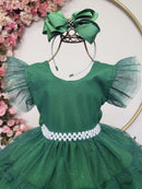 Vestido Infantil Verde Saia C/ Babados e Glitter Festas