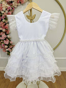 Vestido Infantil Branco Saia C/ Babados e Glitter Festas