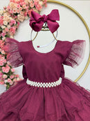 Vestido Infantil Marsala Saia C/ Babados e Glitter Festas