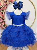 Vestido Infantil Azul Royal Saia C/ Babados e Glitter Festas