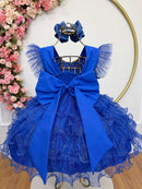 Vestido Infantil Azul Royal Saia C/ Babados e Glitter Festas