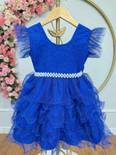Vestido Infantil Azul Royal Saia C/ Babados e Glitter Festas