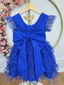 Vestido Infantil Azul Royal Saia C/ Babados e Glitter Festas