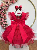 Vestido Infantil Vermelho Saia C/ Babados e Glitter Festas