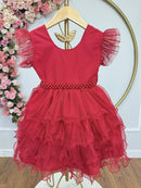 Vestido Infantil Vermelho Saia C/ Babados e Glitter Festas