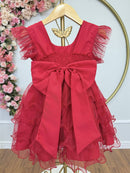 Vestido Infantil Vermelho Saia C/ Babados e Glitter Festas