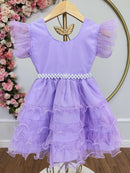 Vestido Infantil Lilás Saia C/ Babados e Glitter Festas
