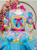 Vestido Infantil Junino Arraiá Azul C/ Estampa Colorida