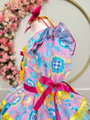 Vestido Infantil Junino Arraiá Azul C/ Estampa Colorida