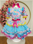 Vestido Infantil Junino Arraiá Azul C/ Estampa Colorida