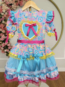 Vestido Infantil Junino Arraiá Azul C/ Estampa Colorida