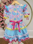 Vestido Infantil Junino Arraiá Azul C/ Estampa Colorida
