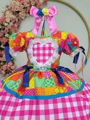 Vestido Infantil Junino Arraiá Caipira Xadrez Colorido Luxo
