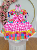 Vestido Infantil Junino Arraiá Caipira Xadrez Colorido Luxo