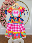 Vestido Infantil Junino Arraiá Caipira Xadrez Colorido Luxo
