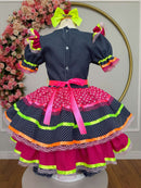 Vestido Infantil Junino Azul Marinho Colorido C/ Babados Luxo