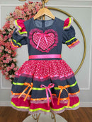 Vestido Infantil Junino Azul Marinho Colorido C/ Babados Luxo