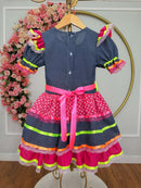 Vestido Infantil Junino Azul Marinho Colorido C/ Babados Luxo