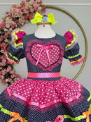 Vestido Infantil Junino Azul Marinho Colorido C/ Babados Luxo