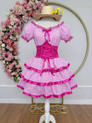 Vestido Adulto Junino Arraiá Caipira Xadrez Pink Festas