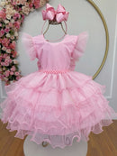 Vestido Infantil Rosa Claro Saia C/ Babados e Glitter Daminhas