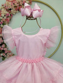 Vestido Infantil Rosa Claro Saia C/ Babados e Glitter Daminhas
