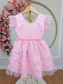 Vestido Infantil Rosa Claro Saia C/ Babados e Glitter Daminhas