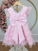 Vestido Infantil Rosa Claro Saia C/ Babados e Glitter Daminhas