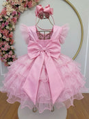 Vestido Infantil Rosa Claro Saia C/ Babados e Glitter Daminhas