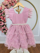 Vestido Infantil Rose Saia C/ Babados e Glitter Daminhas