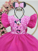 Vestido Infantil Pink da Minnie Saia C/ Glitter e Led Festas