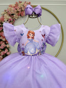 Vestido Infantil Lilás da Princesa Sofia Saia C/ Glitter e Led Festas