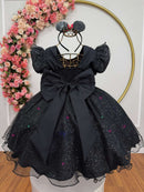 Vestido Infantil Preto da Minnie Saia C/ Glitter e Led Festas
