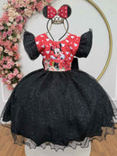 Vestido Infantil Preto da Minnie Saia C/ Glitter e Led Festas