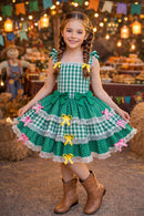 Vestido Infantil de Alça Junino Arraiá Festas Verde Xadrez