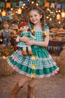 Vestido Infantil de Alça Junino Arraiá Festas Verde Xadrez