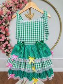 Vestido Infantil de Alça Junino Arraiá Festas Verde Xadrez