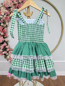 Vestido Infantil de Alça Junino Arraiá Festas Verde Xadrez