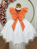 Vestido Infantil da Moana Laranja C/ Apliques de Flores Festa