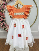 Vestido Infantil da Moana Laranja C/ Apliques de Flores Festa