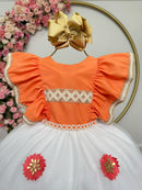 Vestido Infantil da Moana Laranja C/ Apliques de Flores Festa