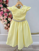 Vestido Infantil Amarelo Busto Nervura Daminhas Luxo