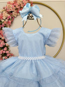 Vestido Infantil Azul Claro Saia C/ Babados e Glitter Daminhas