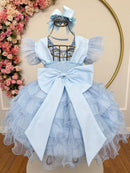 Vestido Infantil Azul Claro Saia C/ Babados e Glitter Daminhas