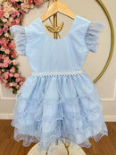 Vestido Infantil Azul Claro Saia C/ Babados e Glitter Daminhas