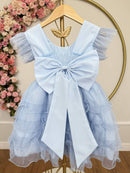 Vestido Infantil Azul Claro Saia C/ Babados e Glitter Daminhas