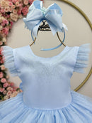 Vestido Infantil Azul Claro Busto C/ Strass Saia Babados Daminhas